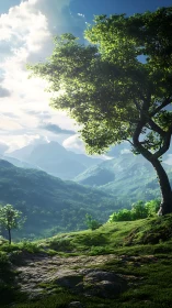 Mountain valley landscape with solitary tree and cloud formations.