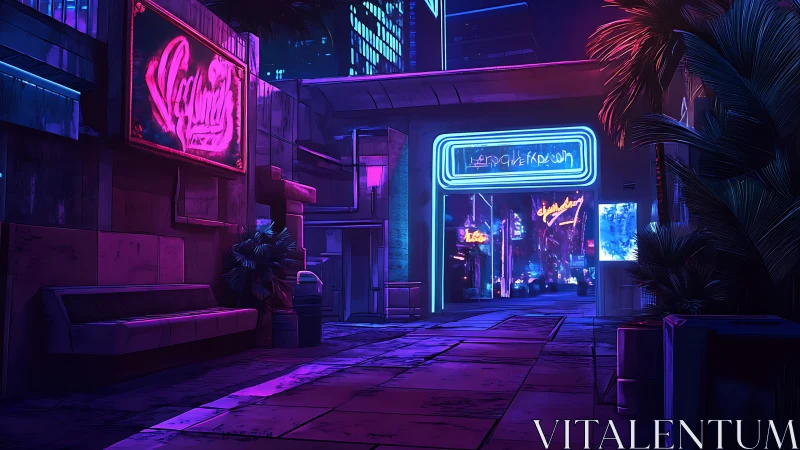 Neon alleyway glows with cyberpunk nightlife energy.