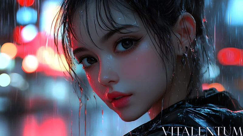 Neon-lit girl gazes back in the rain-drenched city night.