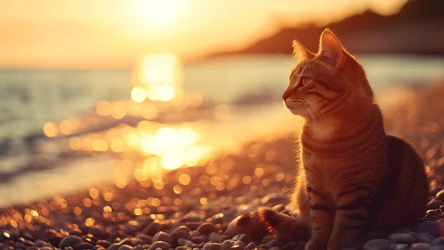 Feline silhouette amid golden coastal luminescence at dusk.