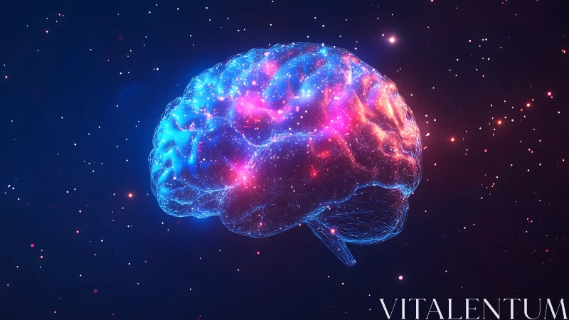 Glowing digital brain drifts through a starlit cosmic sky