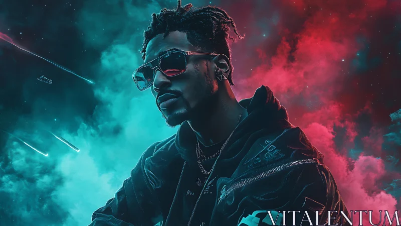 Neon-lit cyber portrait of cool man in cosmic haze.