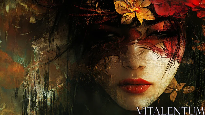 Mystical painted portrait wrapped in flowers and quiet fire.