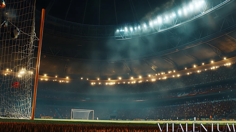 Floodlit football stadium with dynamic net-level perspective.
