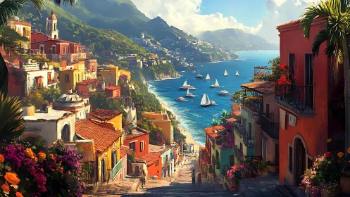 Hillside Mediterranean town overlooks bright sailboat harbor