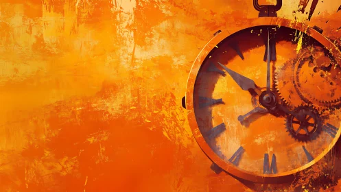 Rust-toned clockwork against abstract orange textures.