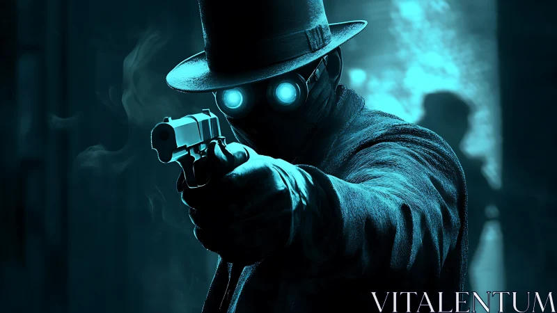 Masked gunman in glowing goggles aims pistol in alleyway.