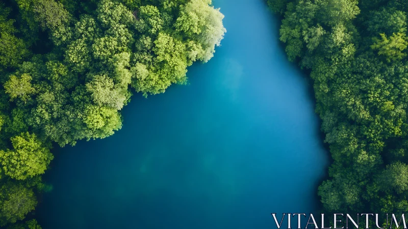 Emerald forest banks embracing a tranquil sapphire river bend.