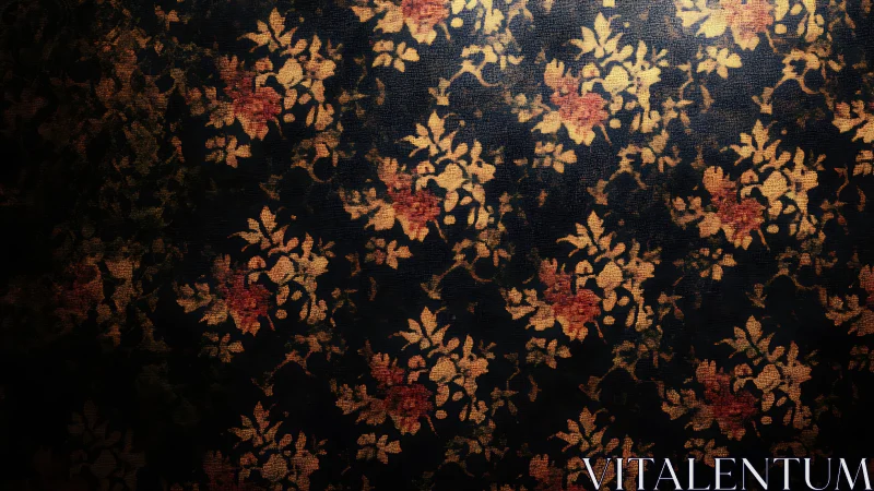 Dark textile surface with dense vintage floral pattern.