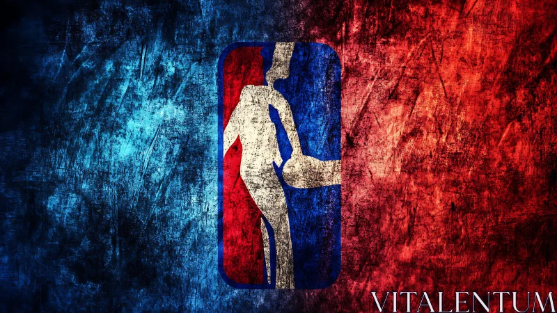 Grungy basketball emblem stands bold in red and blue haze