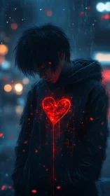 Nocturnal rain figure with luminescent bleeding heart emblem.