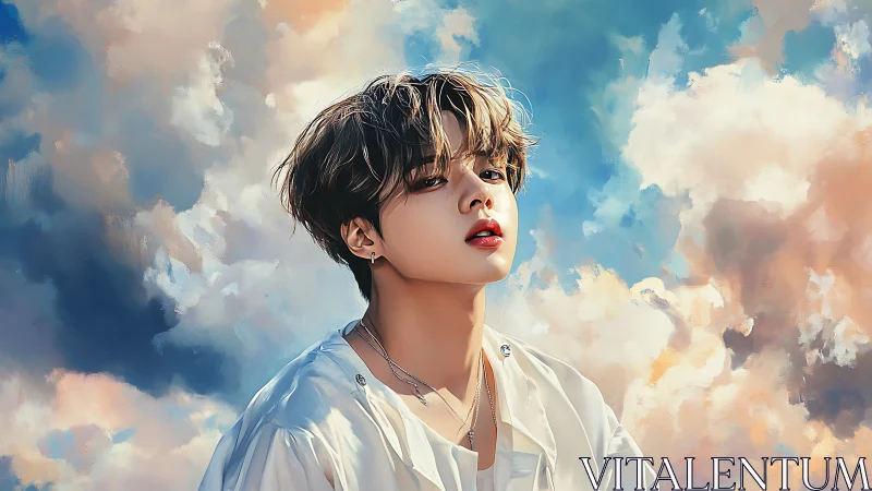 Atmospheric digital portrait amid painterly cumulus skyfield.