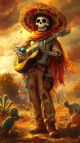 Skeleton guitarist in sombrero stands in glowing desert sunset.