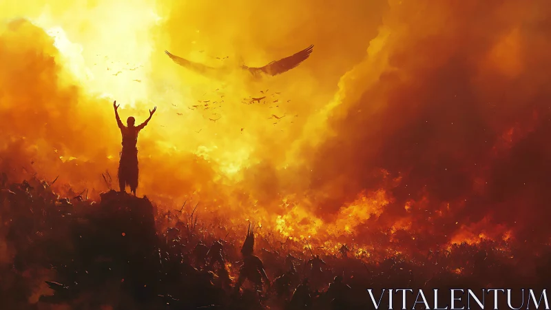 Fiery sky embrace with a lone figure welcoming the light.