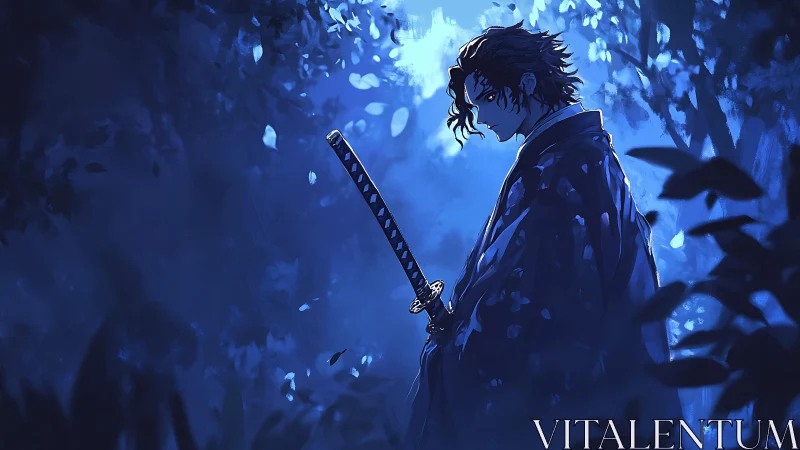 Nocturnal katana sentinel in volumetric blue foliage field.