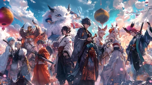 Mythic samurai friends gather under dreamy festival skies.