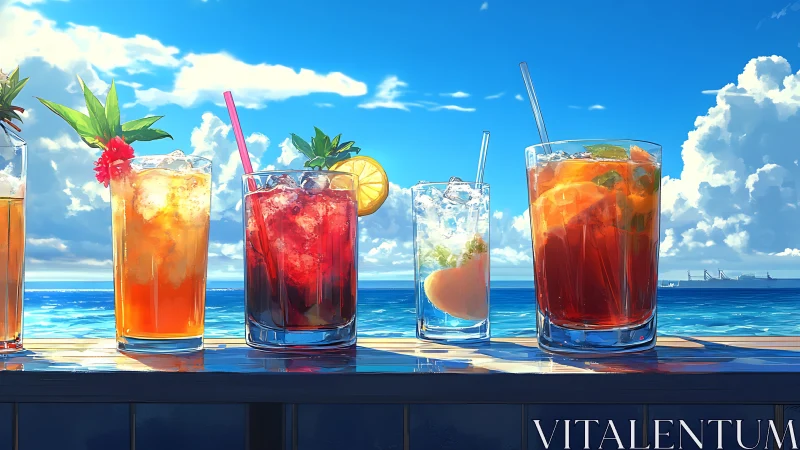 Chromatic cocktail lineup under hyperreal maritime sky.