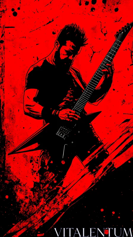 High-contrast ink silhouette of metal guitarist on red splatter field
