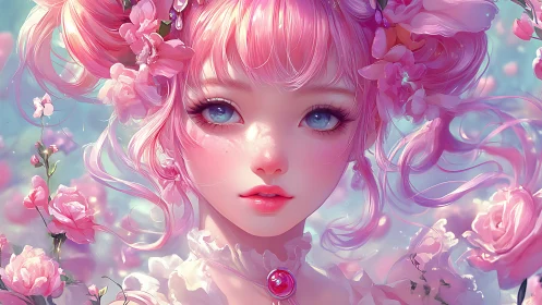 Pastel-haired anime portrait renders ethereal floral symmetry