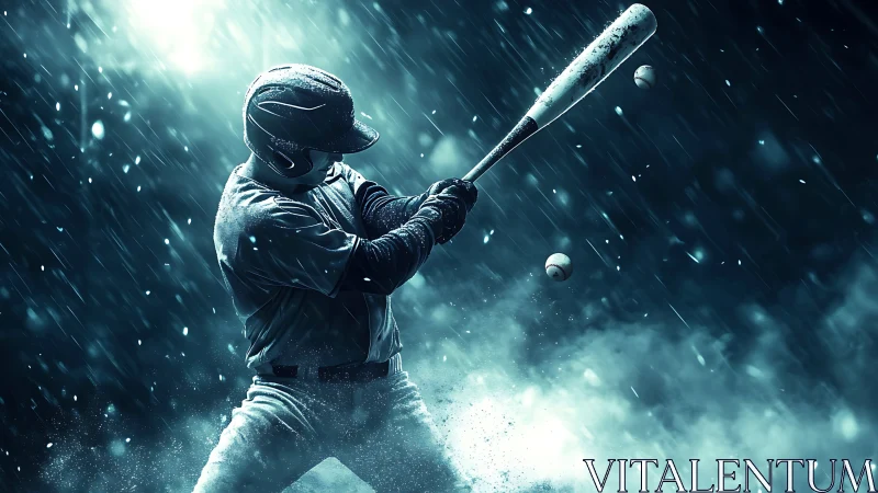 Rain-soaked baseball batter swinging in dramatic stadium storm.