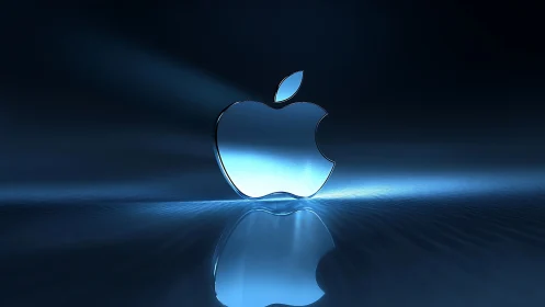 Glass apple emblem rendered with blue volumetric rim lighting.