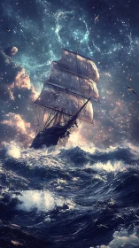 Star-kissed tall ship riding wild cosmic ocean waves.