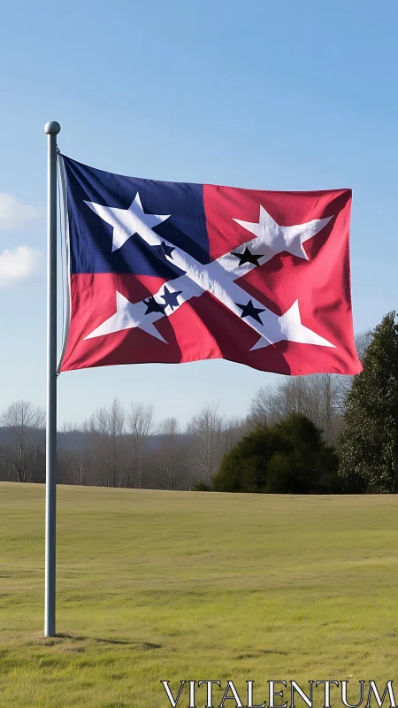 Flag on pole displays stylized star cross in open field