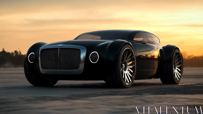 Futuristic black luxury coupe concept at sunset on road.