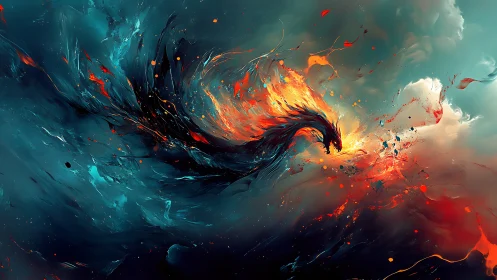 Fiery abstract dragon swirling through teal cosmic storm.