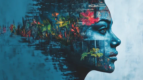 Blue double exposure portrait with flowers and foliage