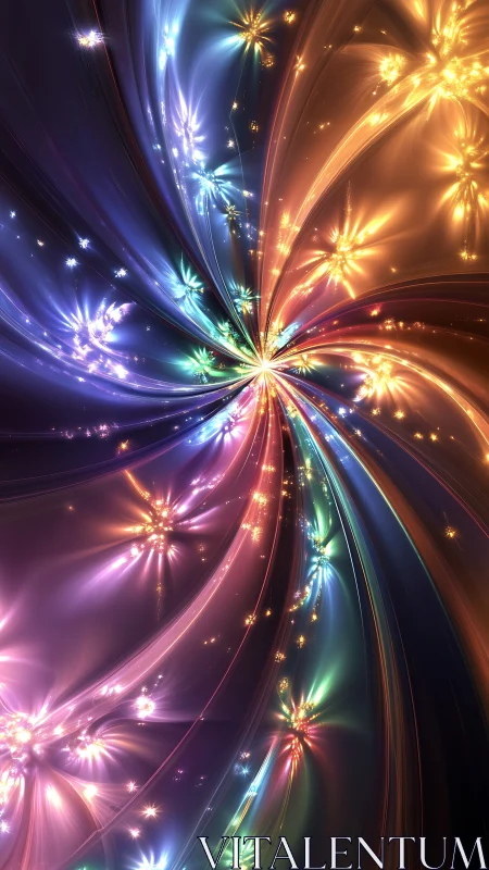 Radial multicolor light streams with clustered particle flares.