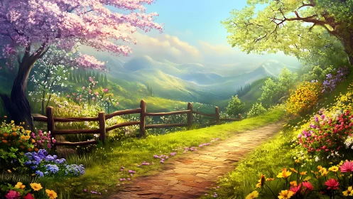 Spring hillside path with flowers and distant mountains.