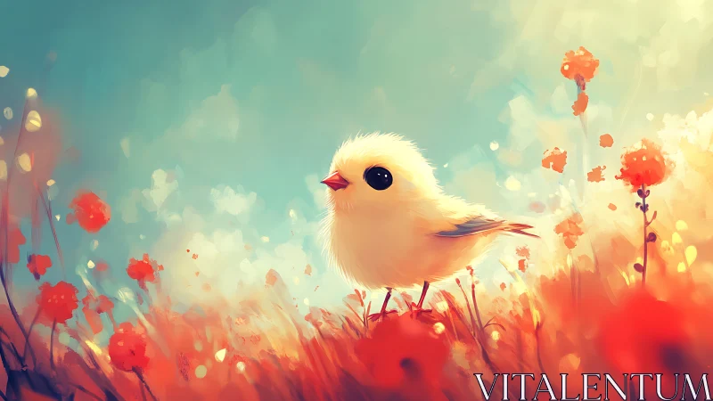 Fluffy yellow chick stands in glowing red flower field