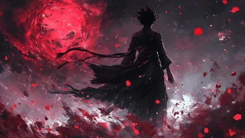 Silhouetted figure before red celestial vortex in sky.