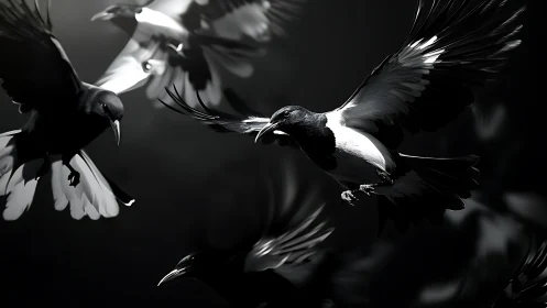 Black and white magpies in dynamic midair motion at night.