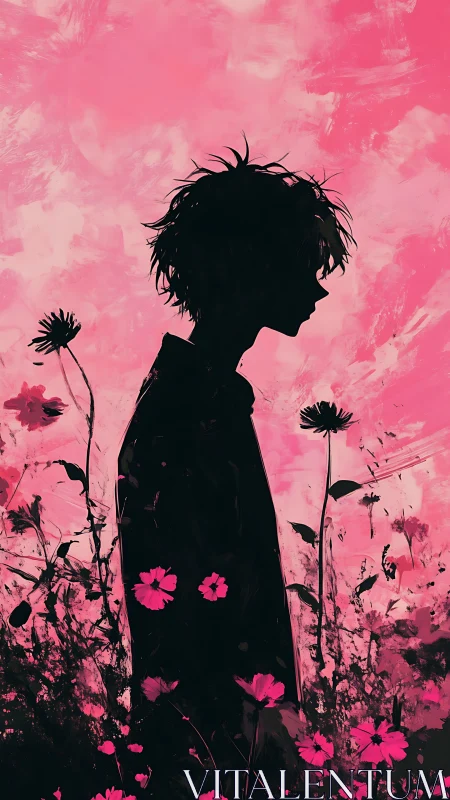 Quiet silhouette drifting through bright pink wildflowers.