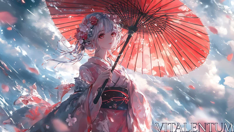 Kimono-clad anime girl with red wagasa in petal storm sky.