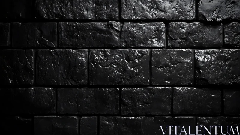 Dark textured stone brick wall surface in lateral light.