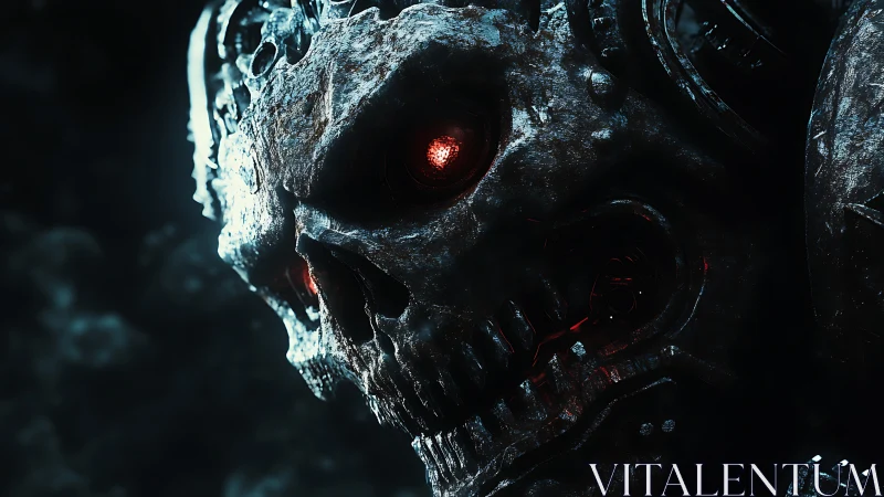 Cybernetic skull close-up with glowing red mechanical eye.