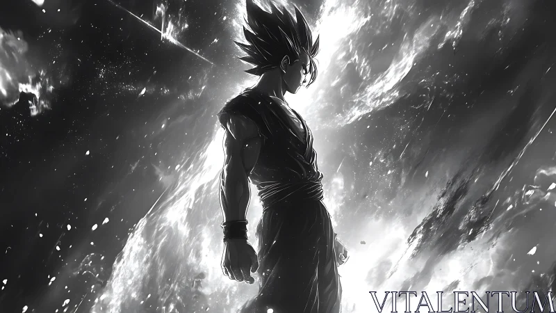 Celestial warrior pauses as cosmic storm ignites behind him