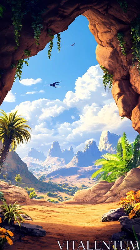 Desert valley vista framed by rocky cave opening.