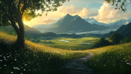 Mountain valley landscape with tree, path, and wildflowers.