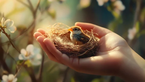Young bird in cradle nest cupped by gentle human hands.