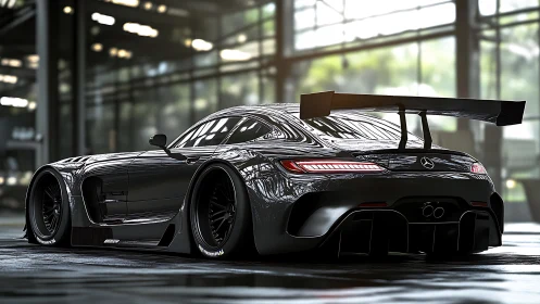 Track-spec black Mercedes GT rendered in reflective studio.