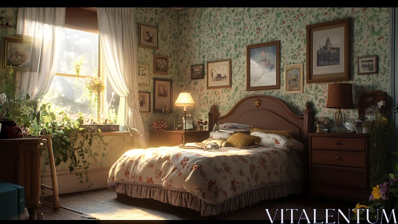 Sunlit vintage bedroom with floral decor and indoor plants