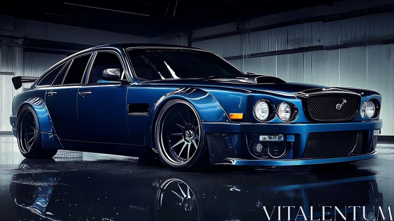 Widebody blue luxury sedan shows aggressive stance in studio