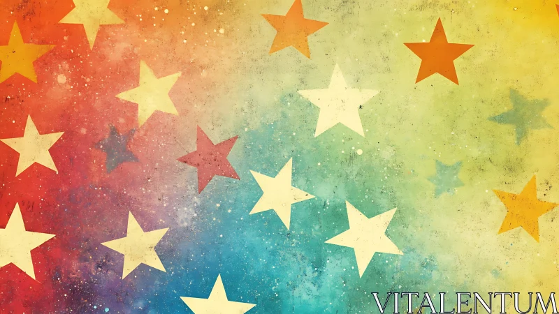 Chromatic gradient field with scattered five-point star silhouettes.