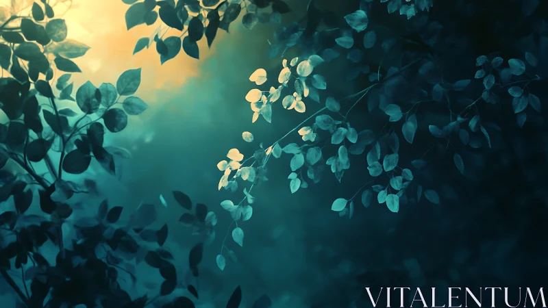 Dreamy forest branches with glowing leaves in soft blue light.