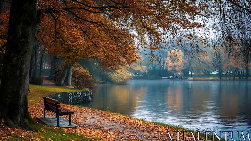 Park bench beside calm lake in overcast autumn weather.