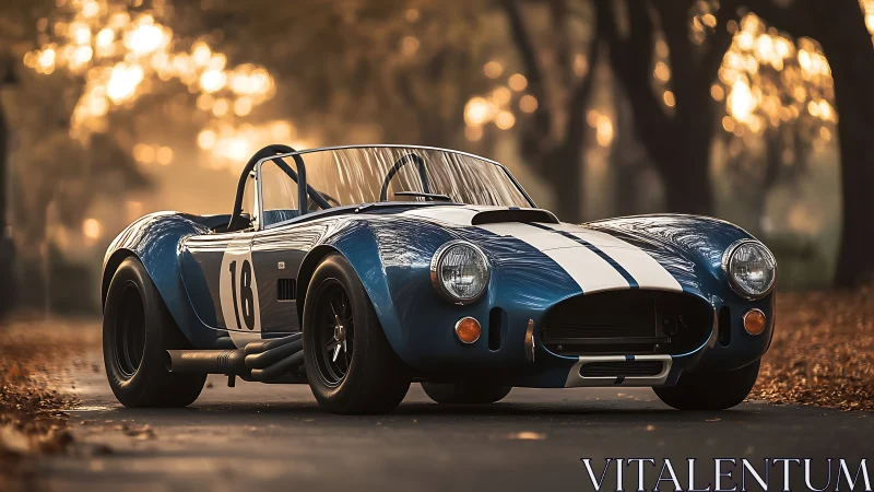 Vintage blue race car with white stripes is parked outdoors